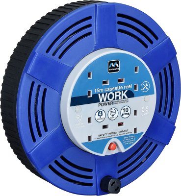 Masterplug Blue 4 Gang 10A Large Cassette Cable Reel 15 Metres LCT1510/4B