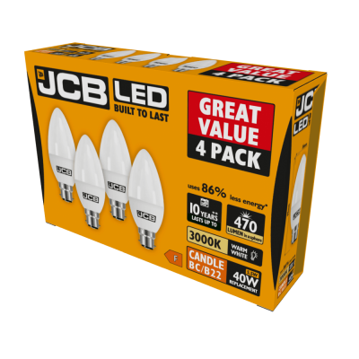 JCB LED Candle B22 (BC) 470lm 5.5W 3,000K (Warm White) - Pack of 4