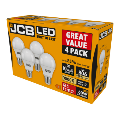 JCB LED GLS 806lm 8.5W E27 (ES) 3,000K (Warm White) - Pack of 4