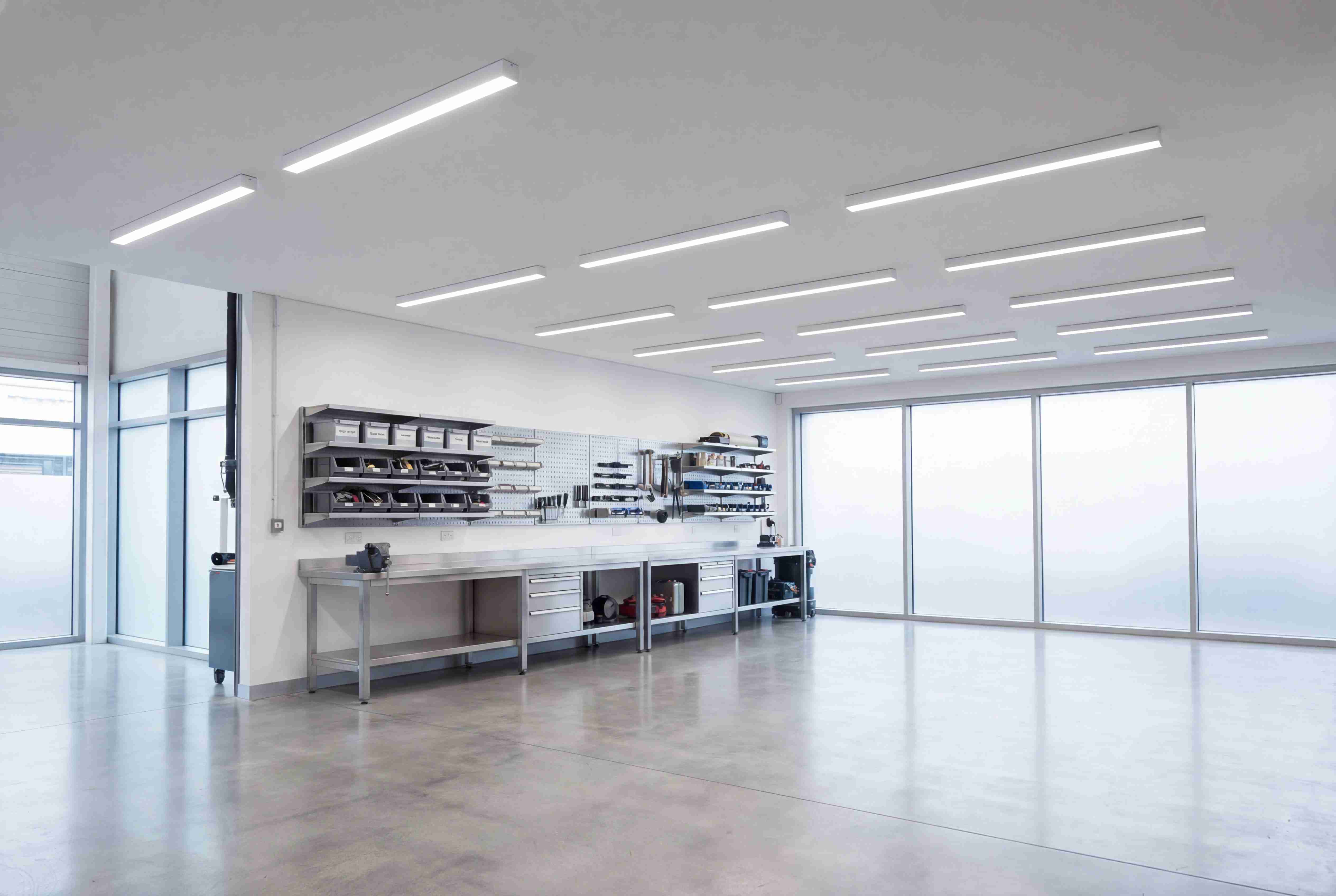 A sleek, modern Heathfield LED batten light fitting installed in a workspace