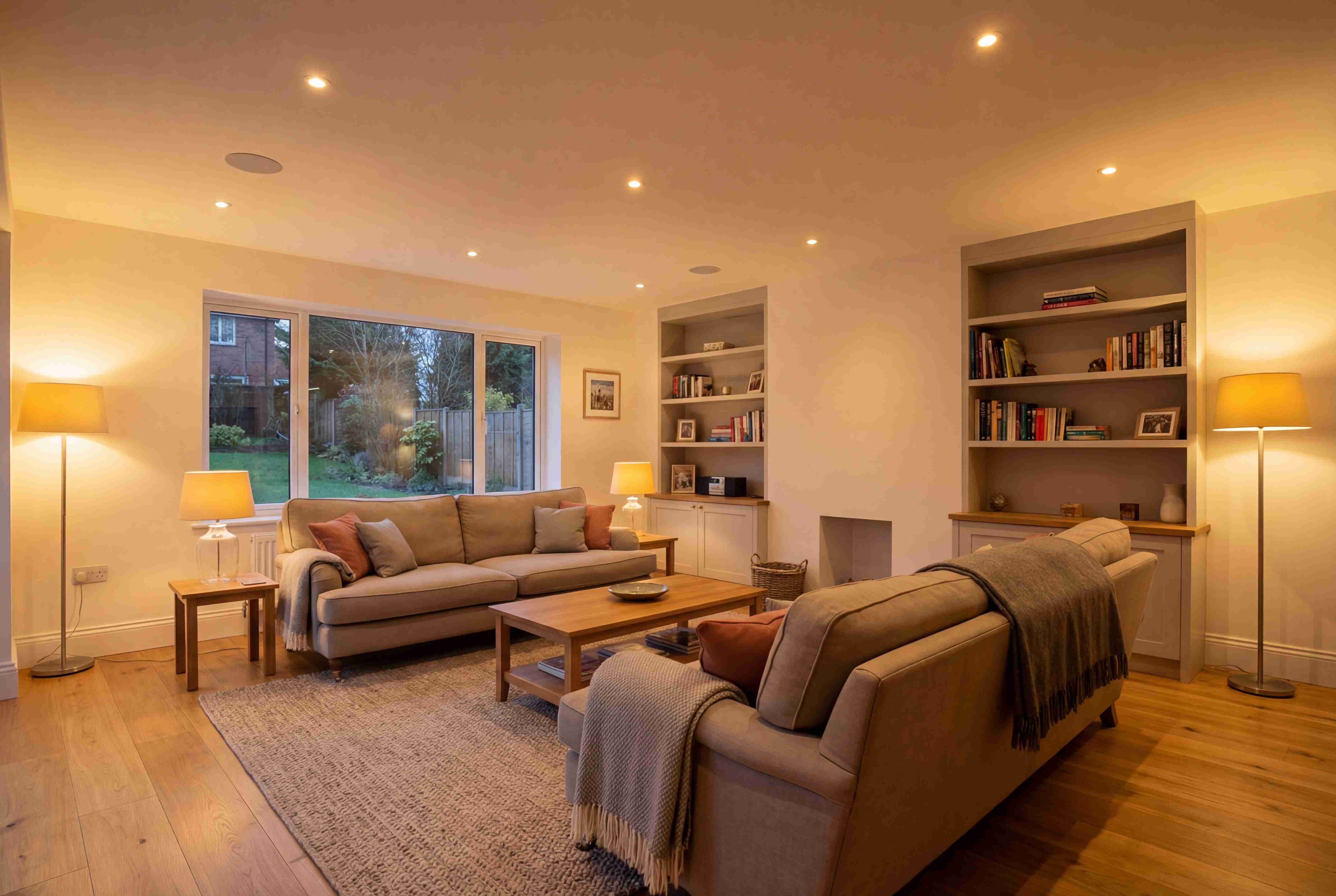 A cosy living room with warm, inviting LED lighting