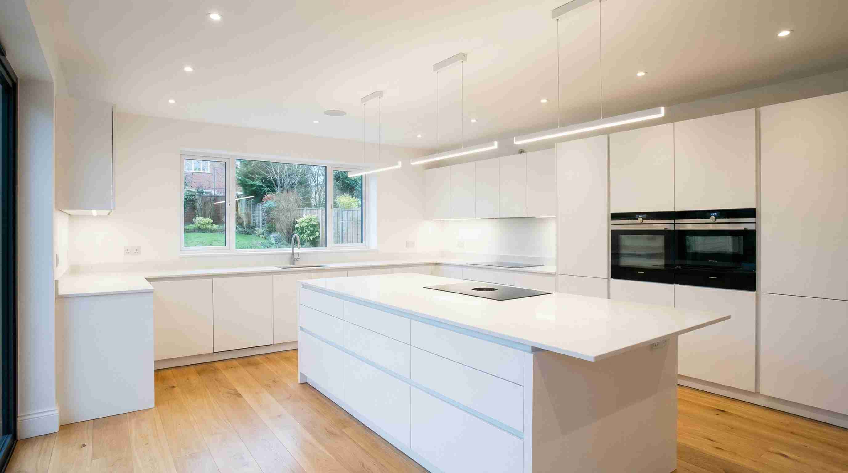 A bright, modern UK kitchen illuminated by clean, energy-efficient LED lighting